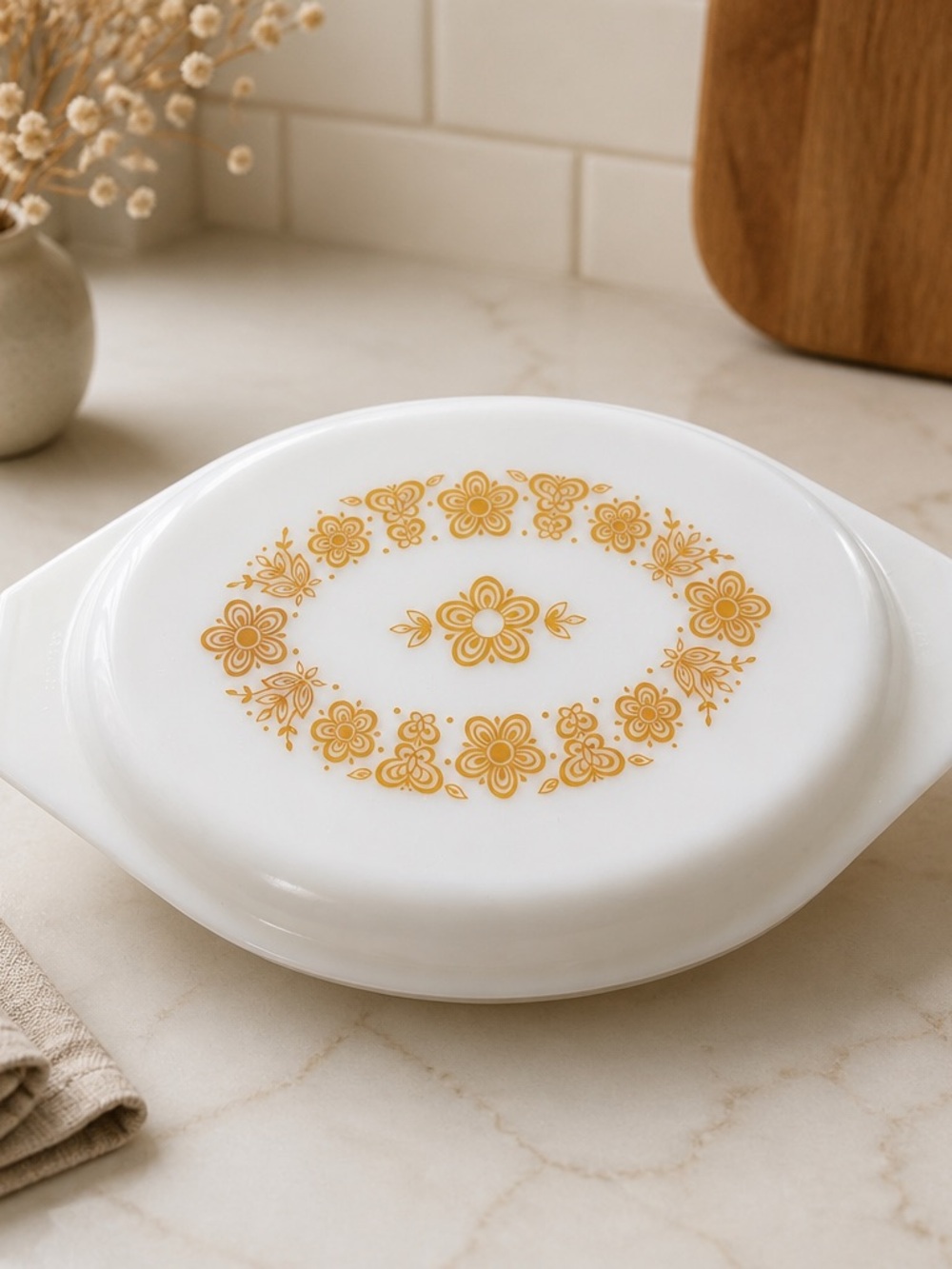 Pyrex White Covered Casserole with Yellow Floral Ring